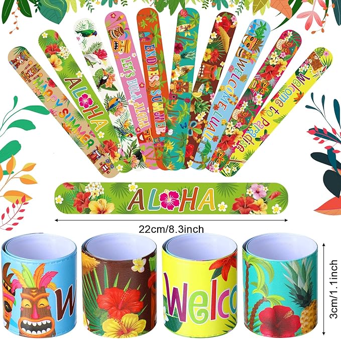 Civaner 40 Pieces Luau Party Favors Hawaiian Theme Slap Bracelets Aloha Party Decorations Tiki Snap Bracelets for Kids Summer Tropical Birthday Party Supplies Pool Beach Birthday Gifts 10 Styles