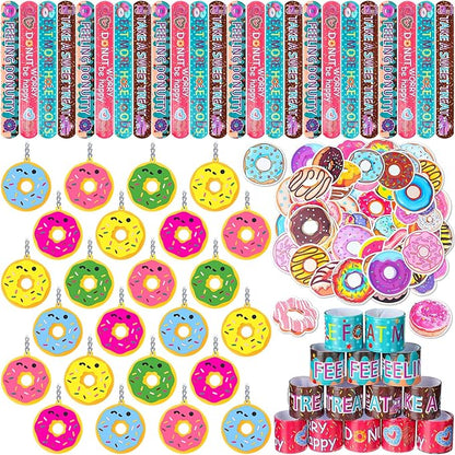 196 Pcs Donut Party Favors Include Donut Bracelets Donut Keychains and Stickers Doughnut Birthday Party Decorations for Boy Girl Two Sweet Birthday Supplies Classroom Prizes