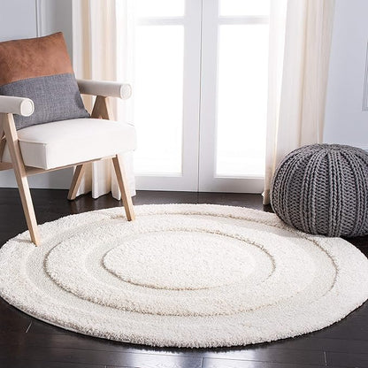 SAFAVIEH Florida Shag Collection Area Rug - 5' Round, Creme & Creme, Border Design, Non-Shedding & Easy Care, 1.2-inch Thick Ideal for High Traffic Areas in Living Room, Bedroom (SG454-1111)