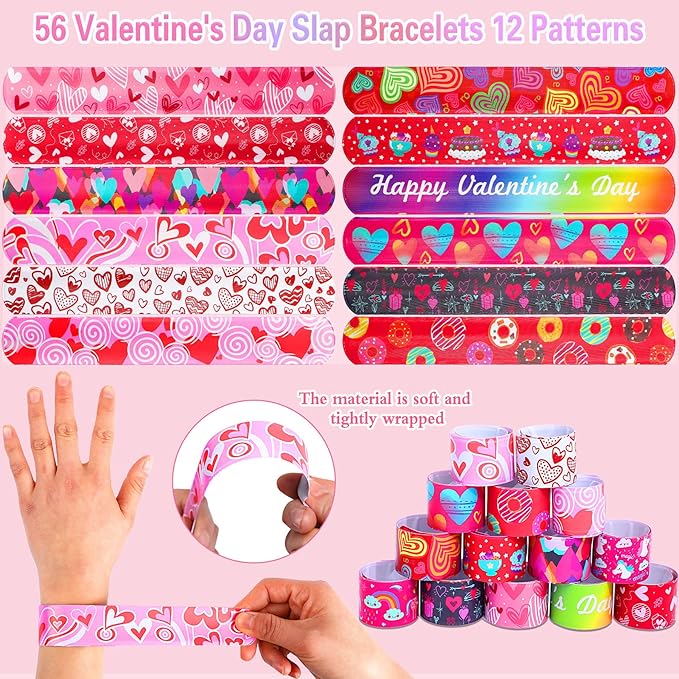 JUNEBRUSHS 56 PCS Valentines Slap Bracelets Valentine Day Party Favors Holiday Slap Wristbands Bulk Valentines Toys Prizes for Kids Girls Boys Birthday Party Supplies Classroom Prize