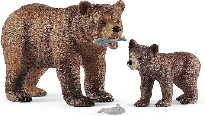 Schleich Wild Life Realistic Grizzly Bear Mother, Cub, and Fish - 4-Piece Animal Toy Playset, Durable and Educational Figurines for Fun Adventures for Boys and Girls, Gift for Kids Ages 3-8