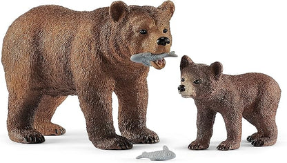 Schleich Wild Life Realistic Grizzly Bear Mother, Cub, and Fish - 4-Piece Animal Toy Playset, Durable and Educational Figurines for Fun Adventures for Boys and Girls, Gift for Kids Ages 3-8