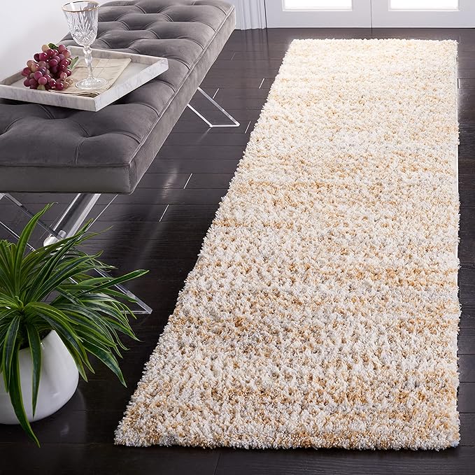 SAFAVIEH Berber Shag Collection Runner Rug - 2'3" x 8', Ivory & Light Gold, Non-Shedding & Easy Care, 1.2-inch Thick Ideal for High Traffic Areas in Living Room, Bedroom (BER563D)