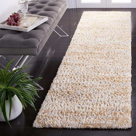 SAFAVIEH Berber Shag Collection Runner Rug - 2'3" x 8', Ivory & Light Gold, Non-Shedding & Easy Care, 1.2-inch Thick Ideal for High Traffic Areas in Living Room, Bedroom (BER563D)