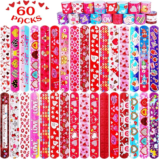 LUYI 60 Pcs Valentines Day Slap Bracelets Wristbands Valentines Day Gifts for Kids Party Supplies Toys School Class Classroom Exchange Birthday Game Prizes Goodie Bag Fillers