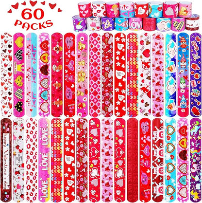 LUYI 60 Pcs Valentines Day Slap Bracelets Wristbands Valentines Day Gifts for Kids Party Supplies Toys School Class Classroom Exchange Birthday Game Prizes Goodie Bag Fillers