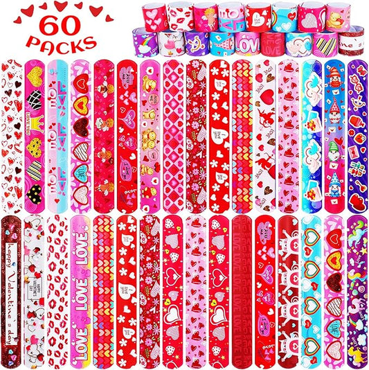 LUYI 60 Pcs Valentines Day Slap Bracelets Wristbands Valentines Day Gifts for Kids Party Supplies Toys School Class Classroom Exchange Birthday Game Prizes Goodie Bag Fillers