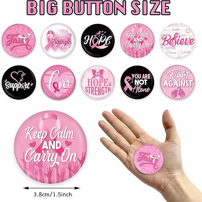 60 Pcs Breast Cancer Awareness Accessories Stuff ,Pink Ribbon Breast Cancer Awareness Silicone Bracelet Wristbands and Button Badges Pins Gifts for Women Girl Pink Party Favors