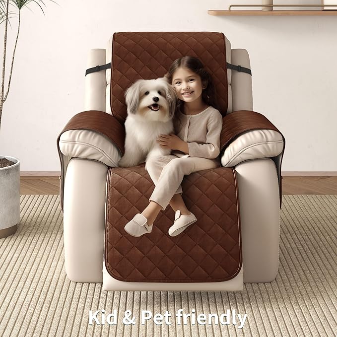 CHUN YI Recliner Chair Cover, Non-Slip Recliner Covers That Stay in Place, Washable Lazy Boy Recliner Covers with Pockets, Water Resistant Recliner Slipcover for Pets (Chocolate, Small Recliner)
