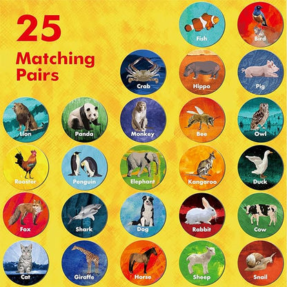 Realistic Animal Matching Game, 50 PCS Round Animal Memory Matching Cards for Toddlers 25 Pairs Real Animal Memory Cards Educational Toys for Preschool Boys & Girls 4 5 6 Years Old