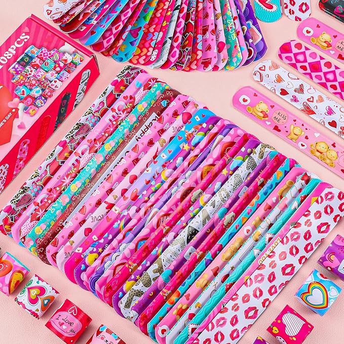 LUYI 108 Pcs Valentines Day Slap Bracelets Wristbands Valentines Day Party Supplies Toys School Class Classroom Game Prizes Goodie Bag Fillers
