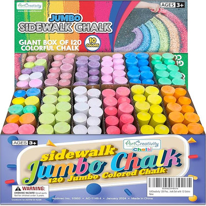 ArtCreativity Jumbo Sidewalk Chalk Set for Kids, Giant Box of 120 Colorful Chalk Pieces, Non-Toxic, Dust-Free, Washable Chalk in 10 Colors, For Driveway, Pavement, Outdoors, Great Arts & Crafts
