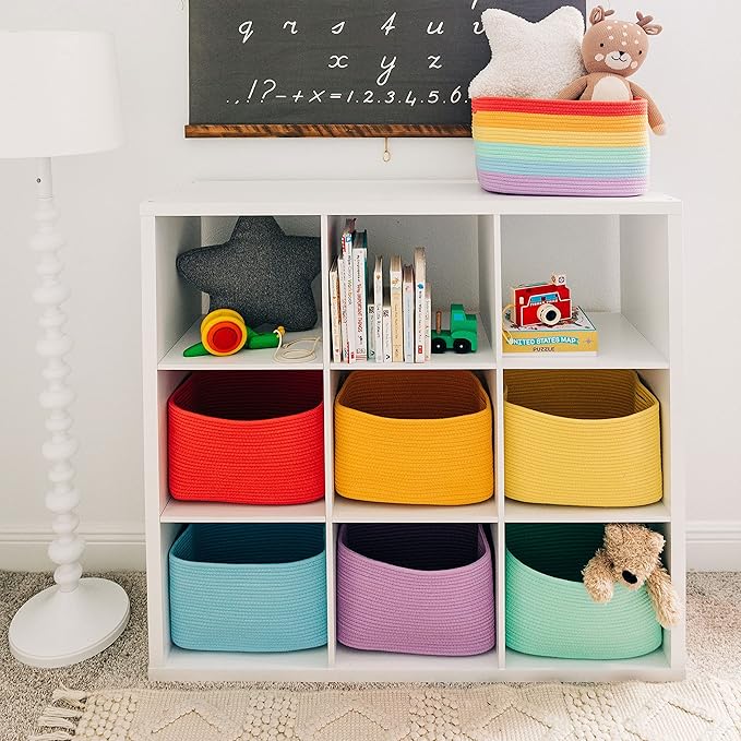 OrganiHaus Rainbow Basket - Colorful Woven Storage Basket for Playroom, Nursery & Classroom Decor & Toy Storage, 15x9x10