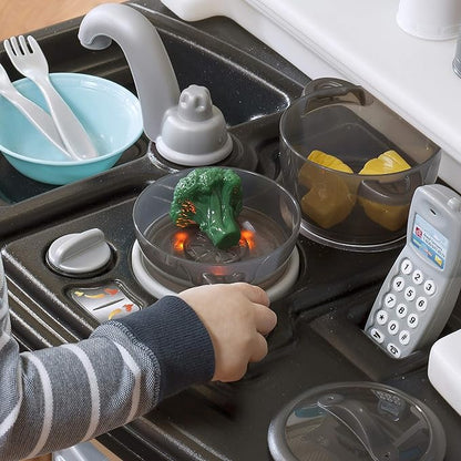 Step2 Lifestyle Custom Kids Kitchen Playset, Indoor/Outdoor Kitchenette, Interactive Play with Lights and Sounds, Made of Durable Plastic, 20 Piece Toy Accessories, Toddlers 2+ Years Old, Tan