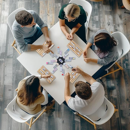 Double 12 Mexican Train Dominoes Set for Adults with 8pcs Wooden Trays, 9 Train Markers, 91 Color Dot Tile Dominos in Tin Box & Hub - Classic Family Board Game Set Party Toy Gift for Kids