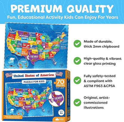 United States Puzzles for Kids Ages 4-6 - Educational Toys for Boys & Girls - 70Pcs USA Map Kids Puzzle with 50 States & Capitals - Christmas Gifts for Kids - Floor Jigsaw Puzzles