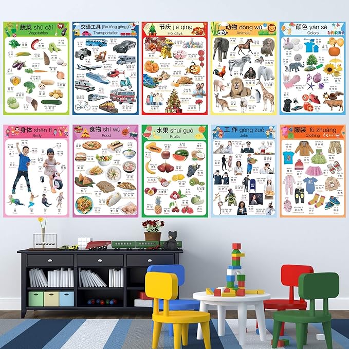 N/A/ Chinese Learning 10-Poster Set for Kids. Montessori-Inspired. Bilingual with Simplified Chinese, English, and Pinyin.
