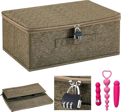 Briwooody Discreet Lockable Toy Bag Storage Organizer Toy Bag Storage Bins Case with Zipper Lid for Women and Men Clothes Container(Coffee,15 x 10 x 6.3 Inch)