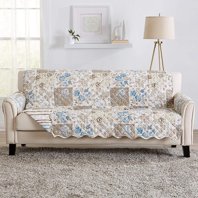 Great Bay Home Reversible Floral Patchwork Furniture Protector Scalloped Edge Stain Resistant Printed Furniture Protector Maribel Collection (Sofa, Taupe/Blue)