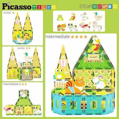 PicassoTiles Magnet Tile Building Blocks Farm Animal Toy Set with 8 Character Action Figures Magnetic Tiles STEM Learning Kit Playset Educational Pretend Play Preschool Toddler Child Kid Age 3+ PTQ17