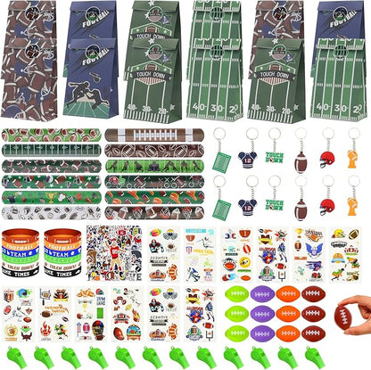 134 Pcs Football Party Favors Set 12 Silicone Bracelet 12 Whistles 12 Keychains 12 Slap Bracelet 12 Tattoo Stickers 12 Fidget Spinners 12 Gift Bags 50 Football Stickers for Football Party Supplies