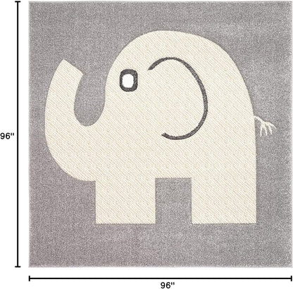 SAFAVIEH Carousel Kids Collection 8' Square Grey/Ivory CRK165B Elephant Non-Shedding Nursery Playroom Area Rug