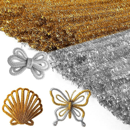 Caydo 200 Pieces Glitter Golden & Silver Pipe Cleaners, Thick Fluffy Chenille Stems, Pipe Cleaner Crafts for Arts & Crafts, Perfect for Making Animals, Flowers, and Easter Decorations