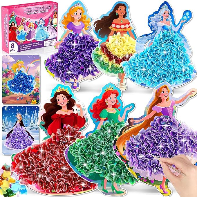 8PCS Poke Art Kits - Magical Princesses, Mess-Free Fabric Creative Art, DIY Arts and Crafts Toys for Kids Ages 3-12, Birthday Gifts & Party Favors for Girls & Boys 4, 5, 6, 7, 8, 9 Years Old