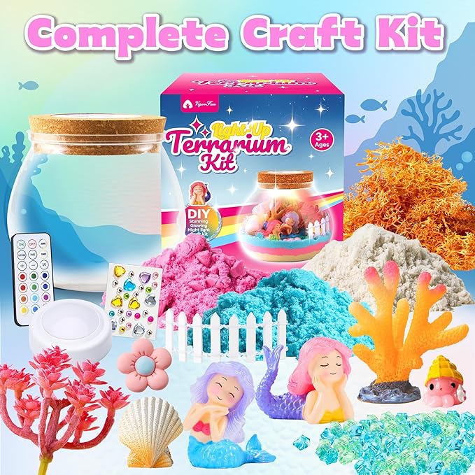 VigorFun Mermaid Terrarium Kit for Kids - Creative LED Night Light Gifts for Girls Birthday Age 3+, DIY Arts & Crafts Light Up Kit, Mermaids Toys for Kids 4 5 6 7 8 9 10 Year Old
