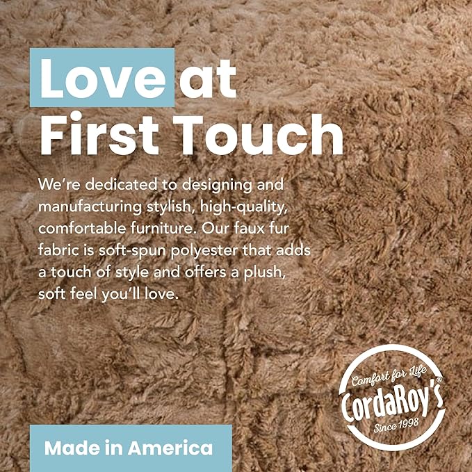 CordaRoy's Faux Fur Bean Bag Pouf Footstool - Washable Fabric Ottoman Cover with Durable Foam Insert - Versatile Footrest for Basement, Living Room, Office - 26" x 17" - Tan