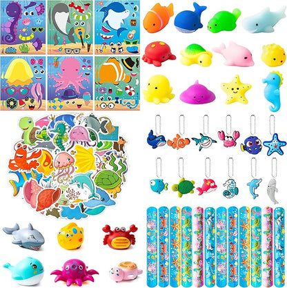 ANGOLIO Ocean Sea Animals Party Favor - 114Pcs Ocean Aniamls Toys Include Sea Animals Keychains Stickers Bracelet Cute Make A Face Stickers for Kids Ocean Themed Birthday Party Classroom Rewards