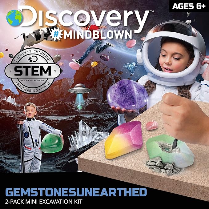 Discovery #MINDBLOWN Mini Unearthed Gemstones Dig Set, 2 Pack Excavation Kit w/Chisel, App & Poster, Interactive Archaeology Geology Experiment, Fun & Educational Science STEM Toy for Kids 6+