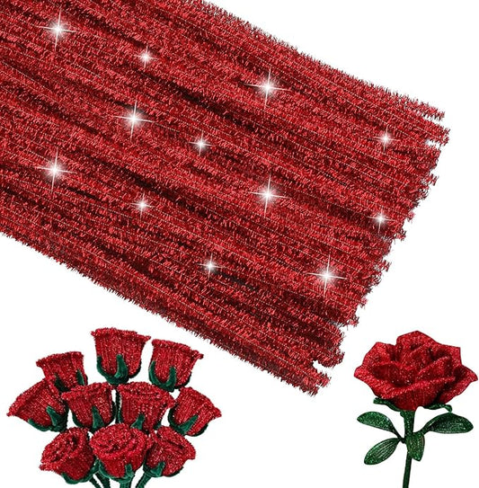 100Pcs Pipe Cleaners Craft, Glitter Pipe Cleaners Crafting Creative DIY Hand Craft Supplies for Festivals Decorations, Pipe Cleaners in Glitter Red