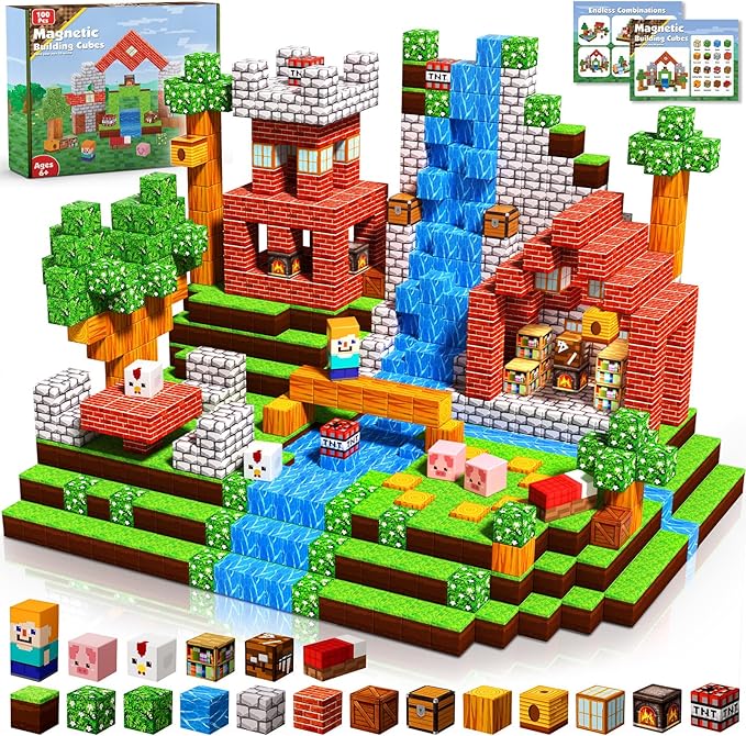 Annexfun Magnetic Blocks-100PCS Grassland Building Blocks Set, Kids Classroom Sensory Toy, STEM Learning, Construction Stacking Toy for Kids 3+ Boys & Girls Easter Christmas Birthday Gifts