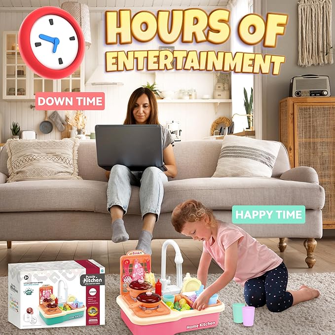 Play Kitchen With Running Water For Toddlers, Toy Kitchen Playset With Electric Faucet For Boys And Girls, Kids Pretend Play Sink With Cooking Stove, Pot, Pan, Play Food, Best Christmas Birthday Gifts