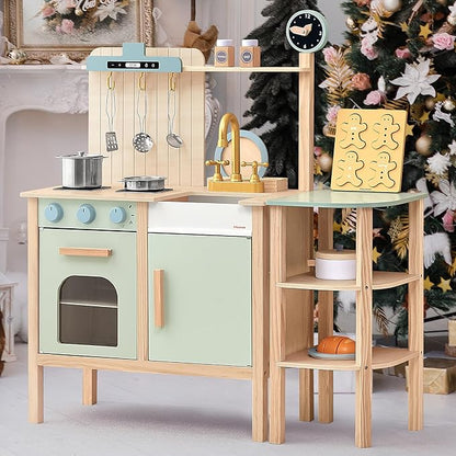 Play Kitchen for Kids, Wooden Toy Play Kitchen Chef Pretend Play Set for Toddlers with Stove, Oven, Utensils and Sink, Toys Kitchen with Cookware Accessories for 3+ Year Old Girls & Boys