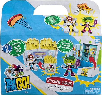 Spin Master Teen Titans Go! Kitchen Chaos Dis-Play Set with Beast Boy and Cyborg Figures and Accessories, Playset Kids Toys for Boys and Girls 4 and Up