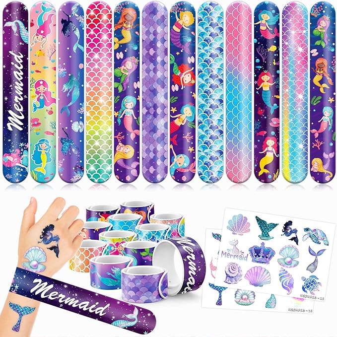 48PCS Mermaid Party Favors - 24PCS Tattoos & 24PCS Slap Bracelets - Undersea Birthday Supplies, Mermaid-Themed Decorations, Classroom Prizes, Gifts for Girls & Boys
