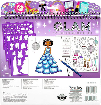 Fashion Angels Glam Fashion Sketch Set, Includes Sketch Pad with Stencils & Stickers, Fashion Design Sketch Book for Girls, Ideal Drawing Kit for Kids