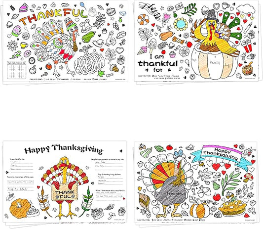 4E's Novelty Thanksgiving Placemat Activity Kids Coloring Placemats for Kids & Adults, 11x17 Paper Disposable Placemats Crafts Bulk, 12 Pack, Thankful Activities for Family Dinner Table