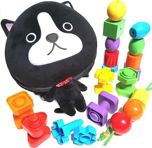Kids Nuts and Bolts Set – Jumbo Matching Fine Motor Toy for Toddlers (12 pcs/Travel Backpack Included)… (Dog Backpack with Beads & Bolts)