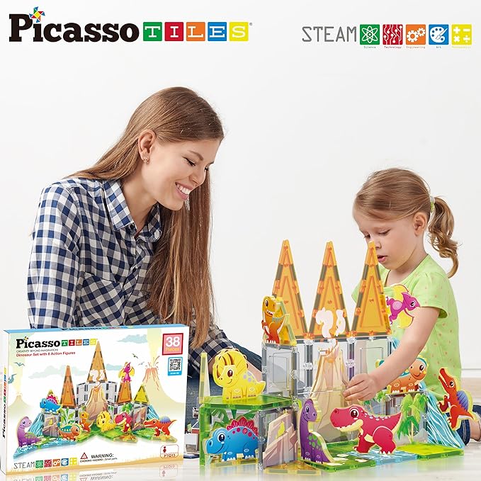 PicassoTiles Magnet Tiles Building Blocks Dinosaur Theme Set with 8 Magnetized Action Figures Magnetic Construction Build and Play Toys with Magnets STEM Learning Activities for Toddlers 3+ PTQ13