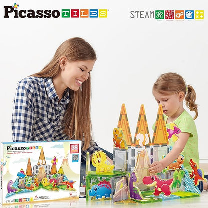 PicassoTiles Magnet Tiles Building Blocks Dinosaur Theme Set with 8 Magnetized Action Figures Magnetic Construction Build and Play Toys with Magnets STEM Learning Activities for Toddlers 3+ PTQ13
