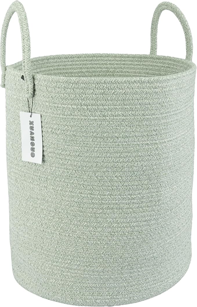 XUANGUO Cotton Rope Laundry Basket Hamper for Clothes Woven Storage Basket for Living Room Bedroom Boho Tall Rope Baskets for Blanket Toys Pillow Towels Baby Nursery Hamper Bin green