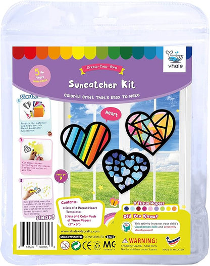 VHALE Suncatchers Craft 3 Sets (9 Cutouts) w Tissue Papers Stained Glass Effect Paper Sun Catcher Kit, Window Art, Classroom Crafts, Creative Art Projects, Kids Party Favors (Valentine Heart)