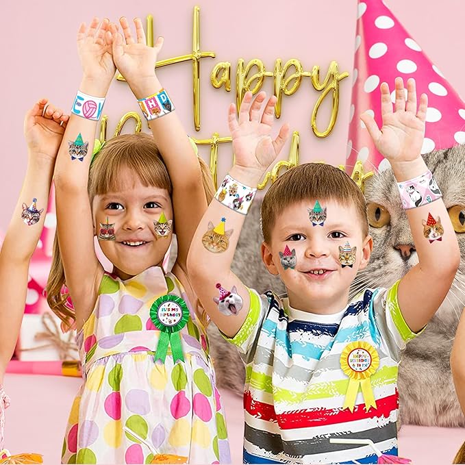 48PCS Cat Party Favors - 24PCS Tattoos & 24PCS Slap Bracelets - Kitty-Themed Birthday Supplies, Cute Decorations, Classroom Prizes, Gifts for Boys & Girls