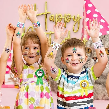 48PCS Cat Party Favors - 24PCS Tattoos & 24PCS Slap Bracelets - Kitty-Themed Birthday Supplies, Cute Decorations, Classroom Prizes, Gifts for Boys & Girls