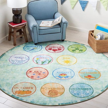 SAFAVIEH Kids Playhouse Collection Area Rug - 5' Round, Green & Blue, Non-Shedding Machine Washable & Slip Resistant Ideal for High Traffic Areas for Boys & Girls in Playroom, Nursery (KPH256Y)