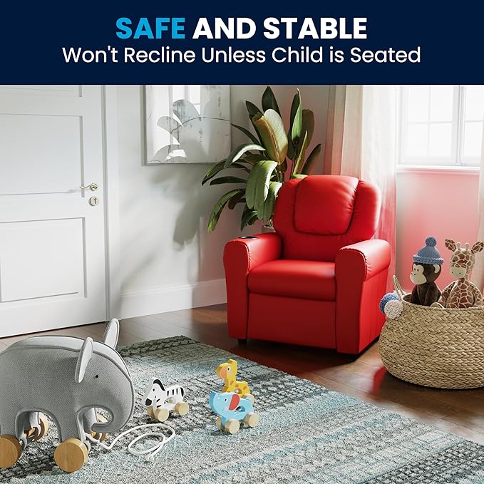 Flash Furniture Vana Vinyl Kids Recliner with Cup Holder, Headrest, and Safety Recline, Contemporary Reclining Chair for Kids, Supports up to 90 lbs., Red