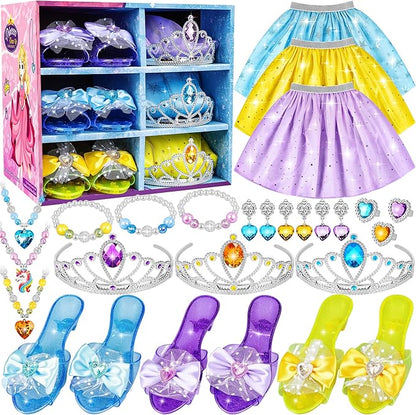 Princess Jewelry Boutique Dress Up & Elegant Shoe, Role Play Fashion Accessories of Crowns, Skirts, Necklaces, Bracelets, Rings, Gift Toys for Age 3 4 5 6 Year Old Girls Kids Toddlers Party Favors
